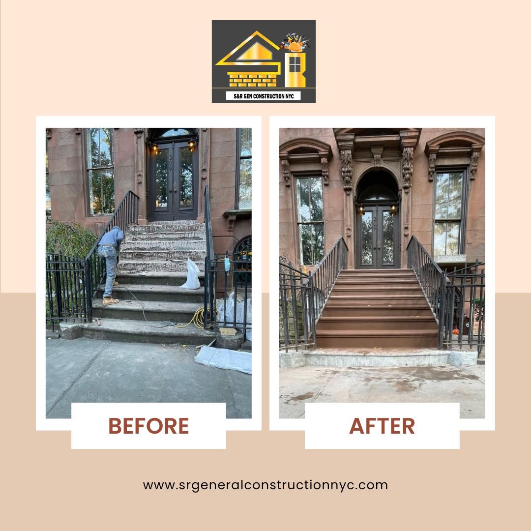 Brownstone Stoop Before and After Restoration by S&R General Construction