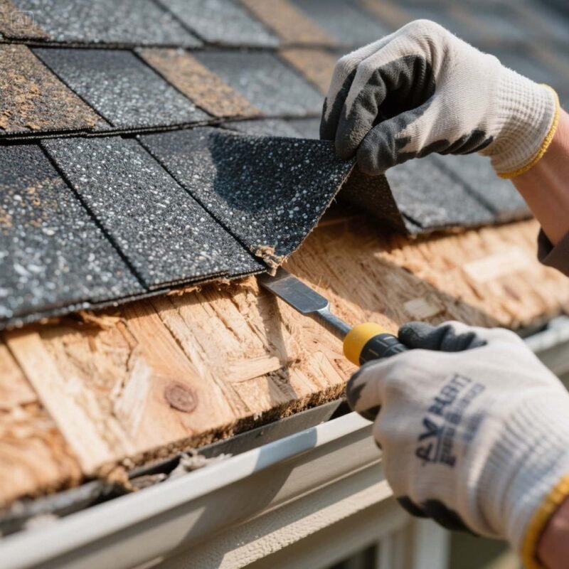 Wide-angle view of a roofer working on a Brooklyn roof, using a pry bar to lift asphalt shingles while wearing safety gear .