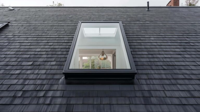 A medium shot of a modern house with a dark gray shingle roof and a rectangular skylight, highlighting the design differences in the Skylight vs Roof Window debate.