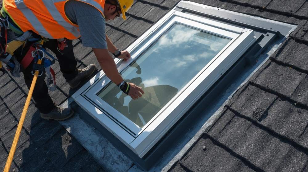 A professional adjusting a skylight during installation, showcasing the unique features of a skylight compared to a roof window, illustrating the Skylight vs Roof Window difference