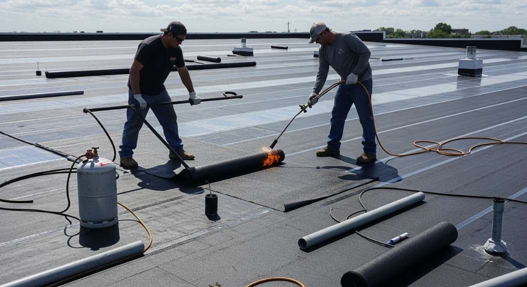 SBS vs APP Modified Bitumen Roofing: Performance Comparison installation by skilled workers on a flat roof.