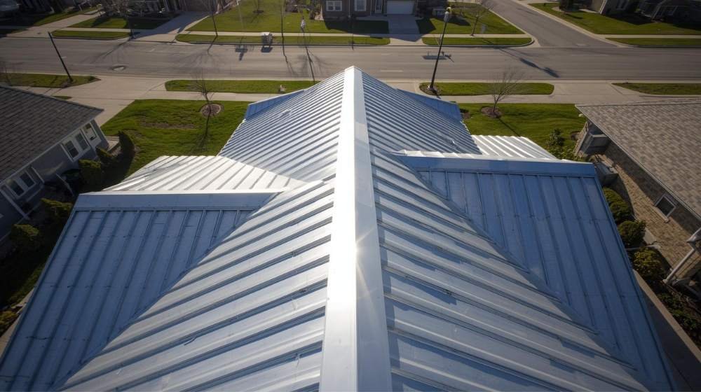 Aerial view of a residential property with a reflective metal roof, showcasing the roof's modern and high-end finish.