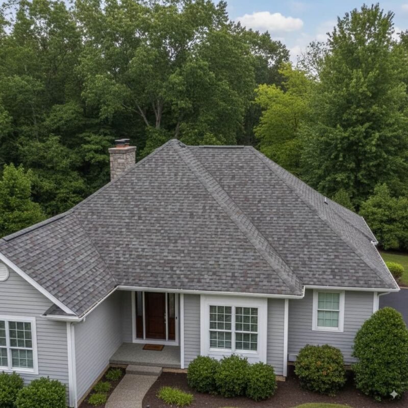 An asphalt shingle roof on a residential property, showcasing its durability and aesthetic appeal compared to roll roofing in the Roll Roofing vs Asphalt Shingles debate .