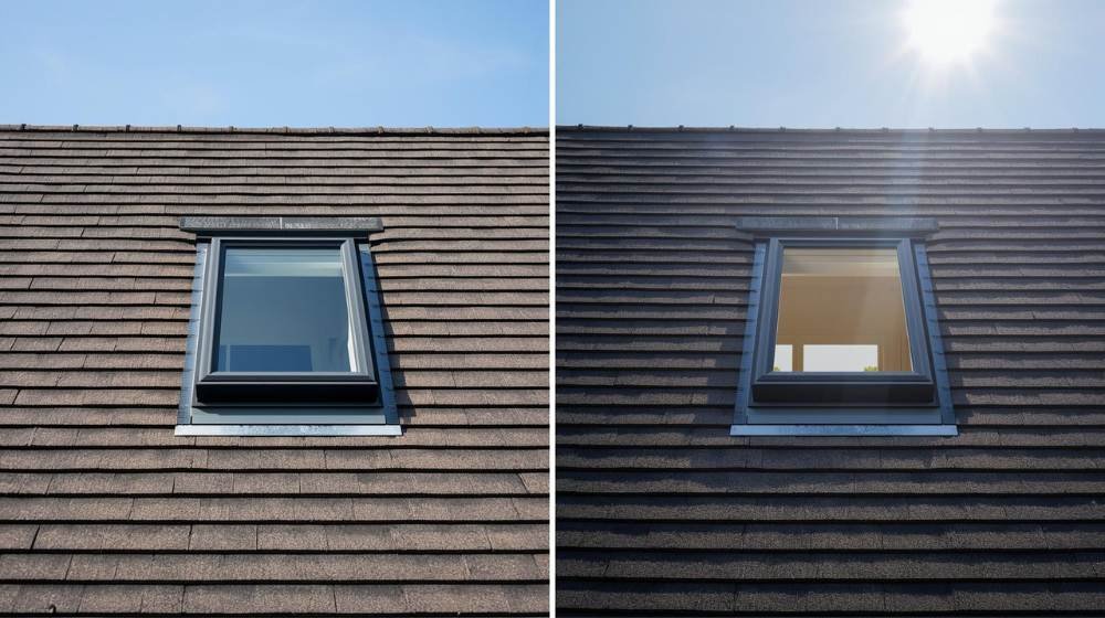 Roof Skylight design showing natural light entering through a sleek and modern roof skylight on a residential roof, enhancing home lighting.