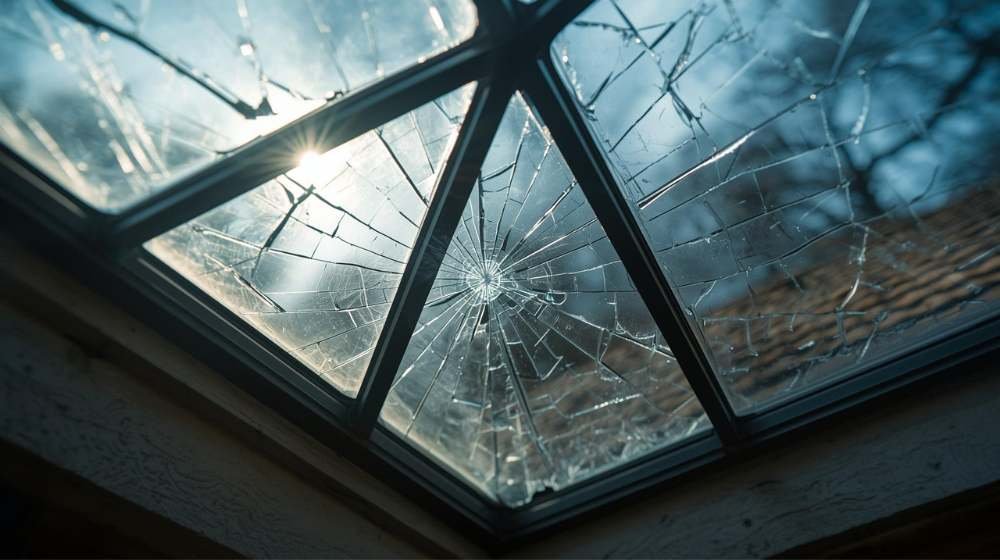 Cracked skylight glass in a Brooklyn, NYC house showing severe damage – Common Skylight Problems from impact or aging glass.