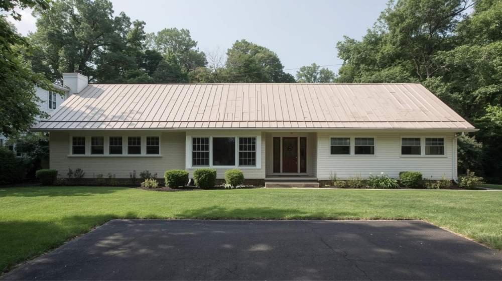 A suburban home with a metal gable roof, offering both durability and style, and illustrating the advantages and disadvantages of gable roofs, such as energy efficiency versus susceptibility to snow load.