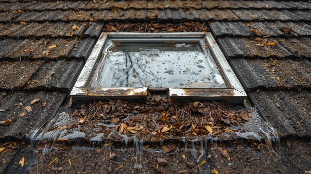 Clogged skylight well on a Brooklyn, NYC roof with leaves and water pooling – Common Skylight Problems caused by poor maintenance.