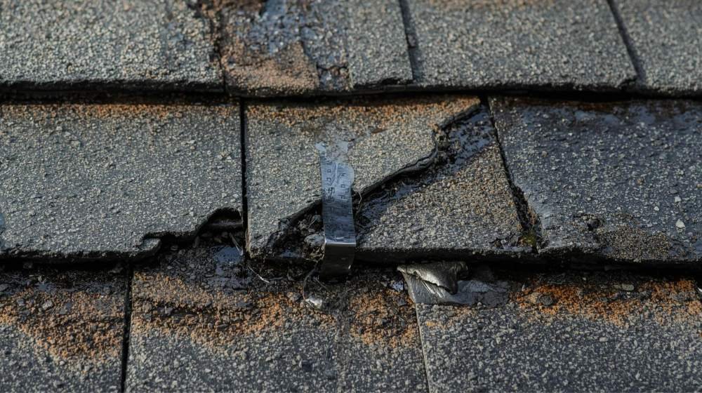 Close-up view of damaged roof shingles showing cracks and missing pieces, a common cause of roof leaks in Brooklyn, NYC