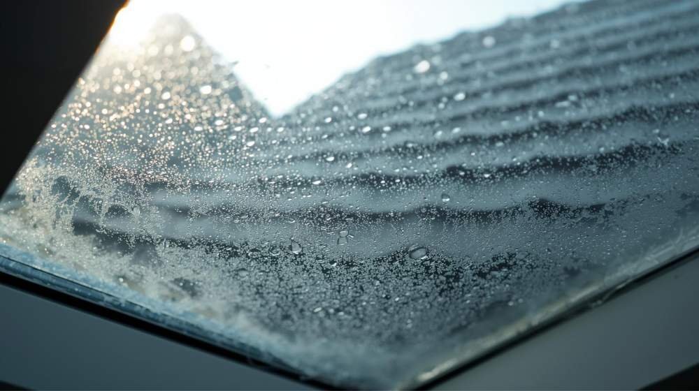 Foggy skylight glass with condensation buildup inside a Brooklyn, NYC home – Common Skylight Problems related to broken seals.