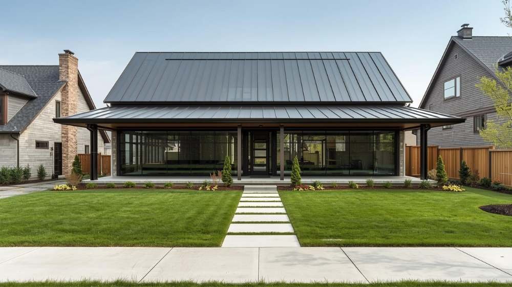 A contemporary home with a black gable roof and expansive windows, offering a clear view of the advantages and disadvantages of gable roof homes, including excellent rainwater drainage and limited attic space.