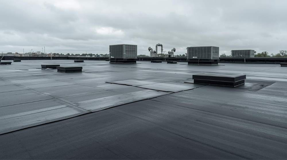 A large-scale EPDM roofing system covers this commercial building, showcasing its durability and seamless installation. EPDM’s longevity makes it a popular choice for Brooklyn’s flat roofs.