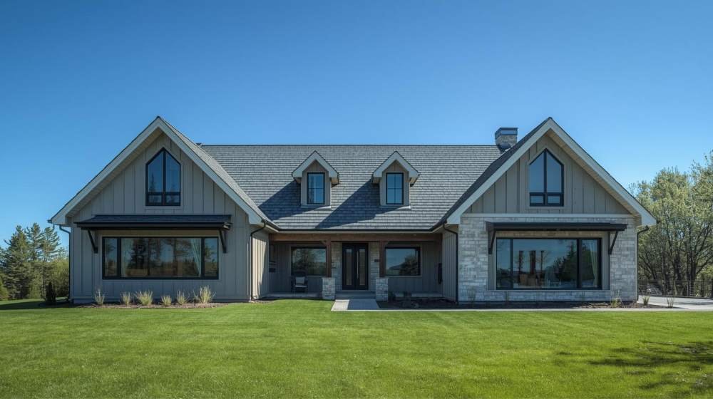 A spacious home with a traditional gable roof and a large front yard, reflecting the advantages and disadvantages of gable roofs, especially in terms of maximizing natural light and ventilation.