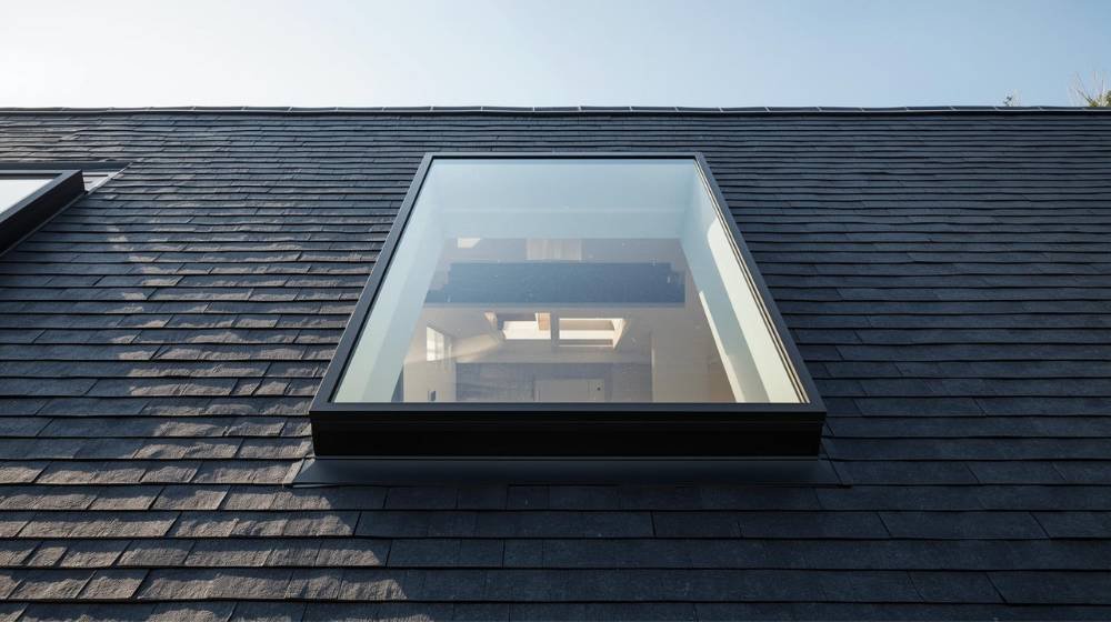 Minimalist Roof Skylight design on a modern home, offering unobstructed sky views and efficient natural light for contemporary living spaces.
