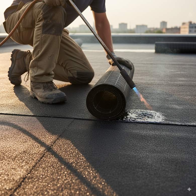 SBS vs APP Modified Bitumen Roofing installation using the torchdown technique on a rooftop in Brooklyn.
