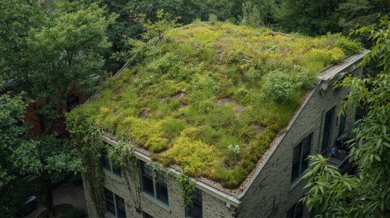 Lush Extensive Green Roof on Brooklyn Building with Colorful Ground Cover