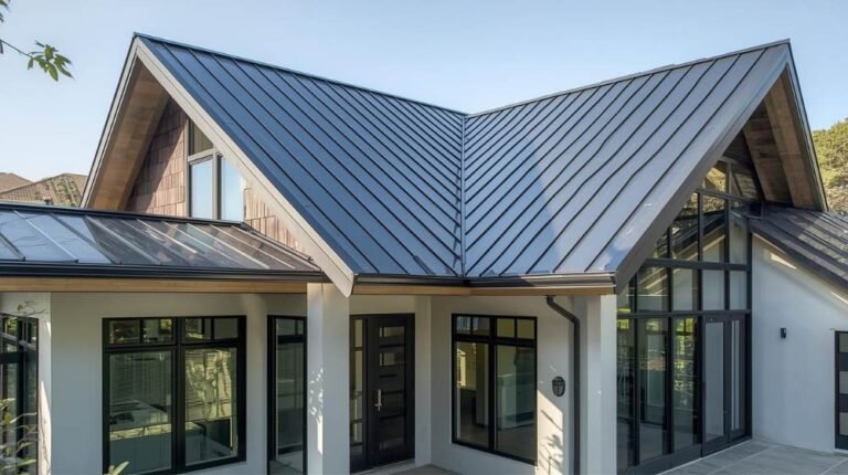 Modern home with a sleek and stylish metal roof, featuring clean lines and geometric design for a minimalist look. Metal Roofing vs Asphalt Shingles.