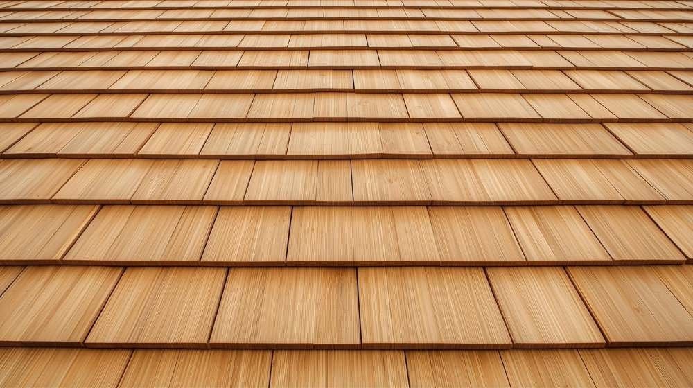 A close-up view of a wood shingles roof pattern showing the overlapping wooden tiles designed for durability and aesthetic appeal.