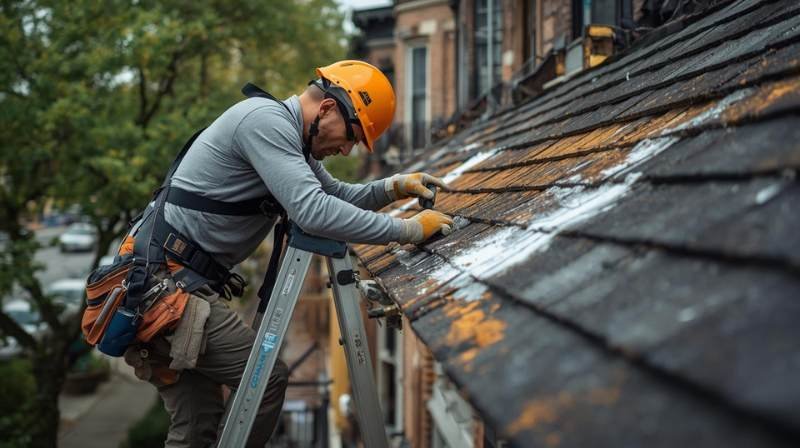 Roofer repairing shingles and sealing roof leaks, ensuring the roof is waterproof and leak-free in Brooklyn, NYC.
