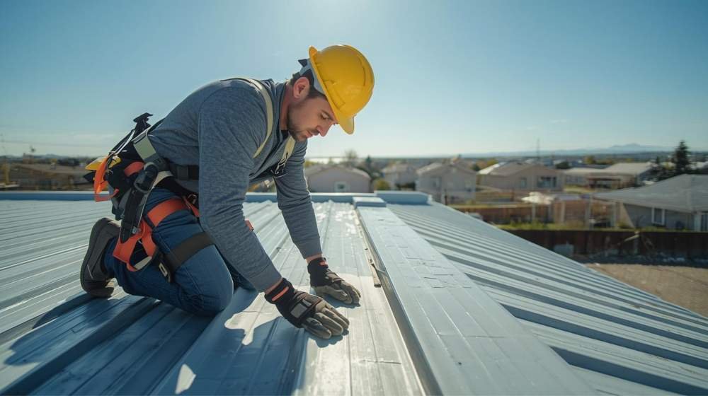 Roofer working on a metal roof, showcasing expertise as the Best Commercial Roofer