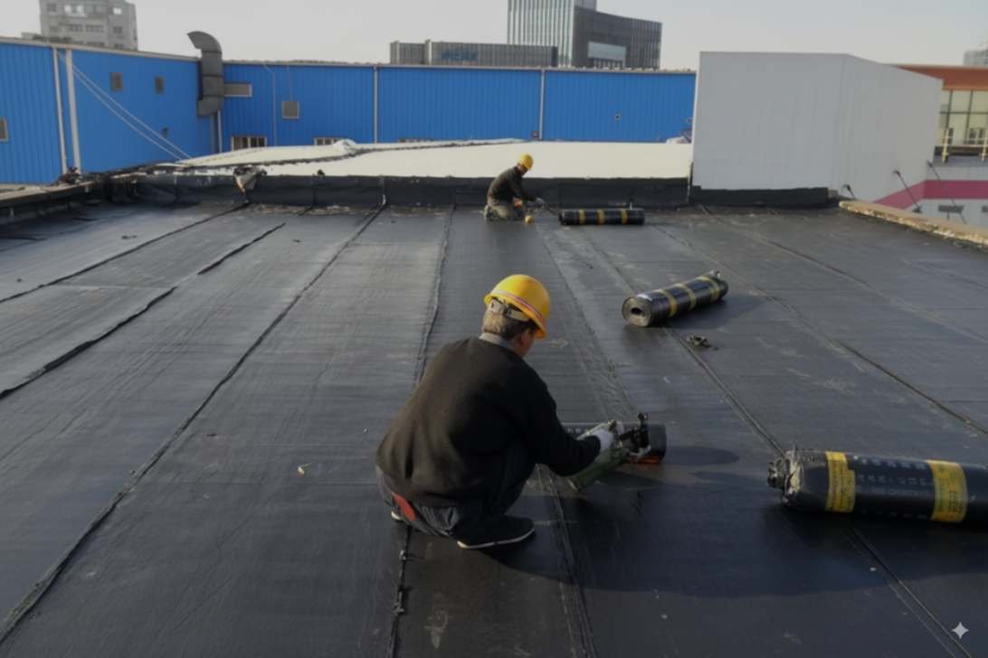 SBS vs APP Modified Bitumen Roofing installation by professional workers on a commercial building in Brooklyn