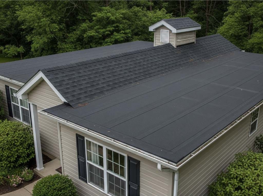 A hybrid roofing solution using both roll roofing and asphalt shingles on a residential property, perfect for handling Brooklyn's weather conditions, discussed in Roll Roofing vs Asphalt Shingles.