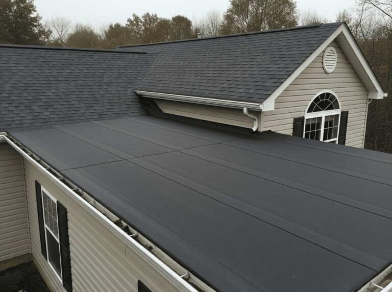 Roll roofing installed on a residential home, offering a cost-effective and durable option compared to asphalt shingles in the Roll Roofing vs Asphalt Shingles comparison for Brooklyn roofs.
