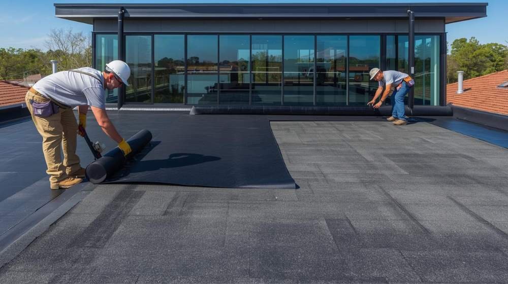 Workers installing roll roofing material on a flat roof, emphasizing its easy application and weather resistance in the Roll Roofing vs Asphalt Shingles comparison for residential and commercial buildings.