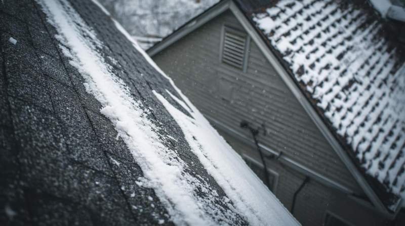 Snow accumulating on an asphalt shingle roof, showcasing its performance in winter conditions and how it compares to roll roofing in the Roll Roofing vs Asphalt Shingles debate.
