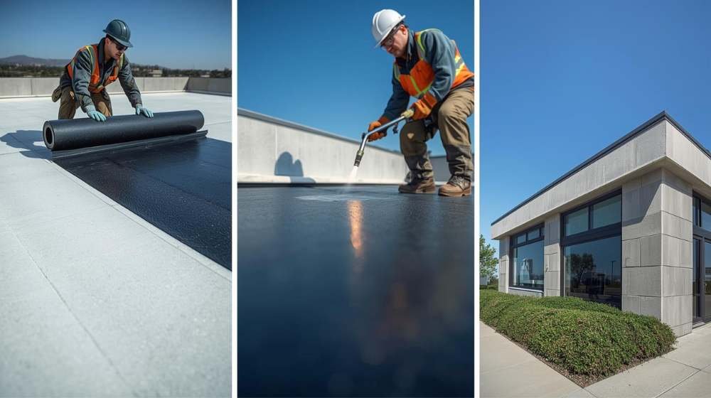 A roofer installing a roll of roofing membrane on a flat roof using the Torch Down Roofing method, applying heat with a torch to bond the material.