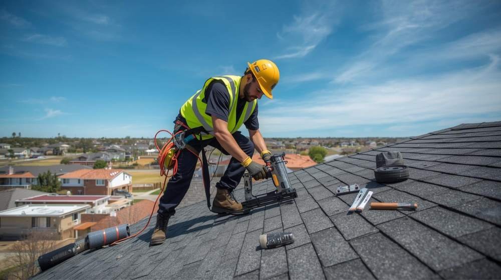 Roofer installing shingles on a residential roof, ensuring quality work as the Best Commercial Roofer.