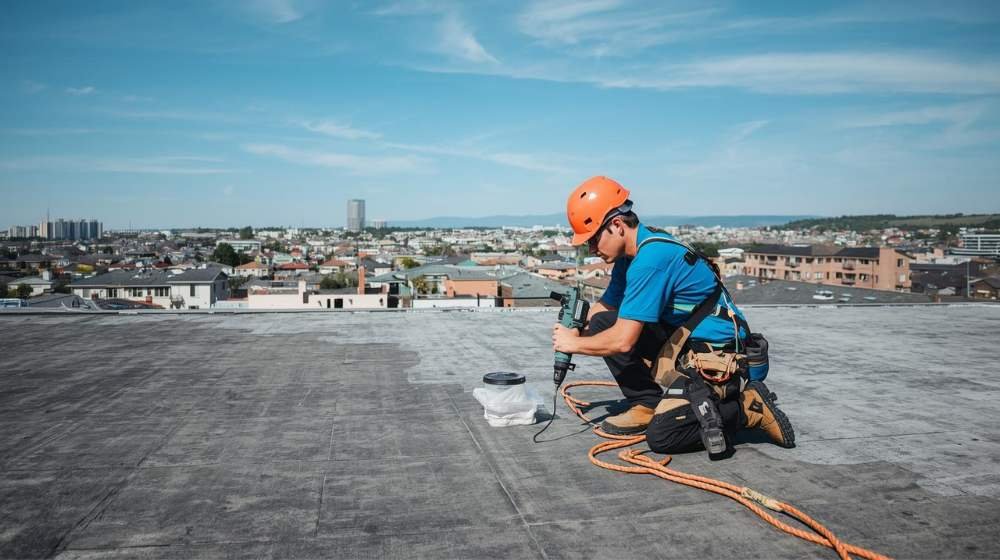 Roofer working on a flat roof with tools, providing expert services as the Best Commercial Roofer.