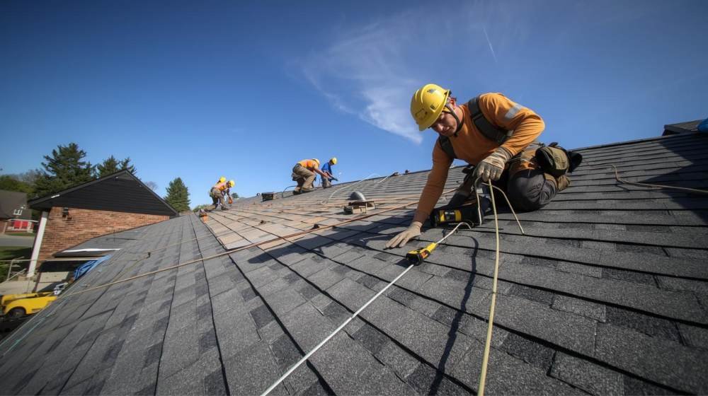 Roofing contractors working together on a roof, showcasing teamwork and expertise in roofing projects.