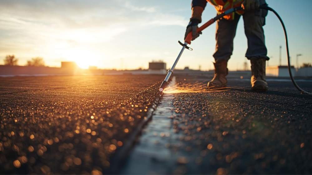 Roofing Contractor Applying Torch Down Roofing at Sunset