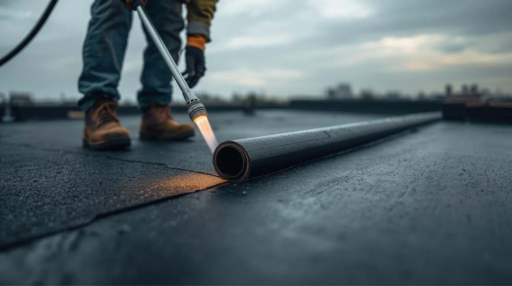Roofing Contractor Installing Waterproof Membrane with Torch