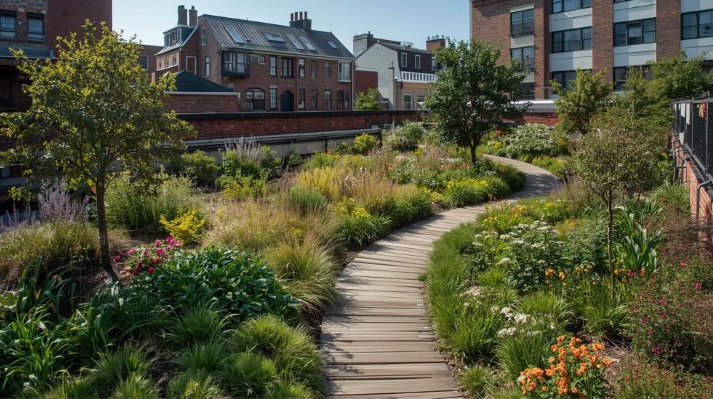 Serene Wooden Pathway Through a Rooftop Garden in Brooklyn