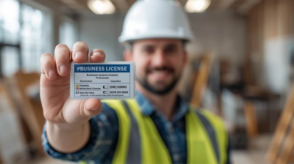 A roofing contractor proudly displaying their business license, highlighting the importance of certification in the roofing industry.
