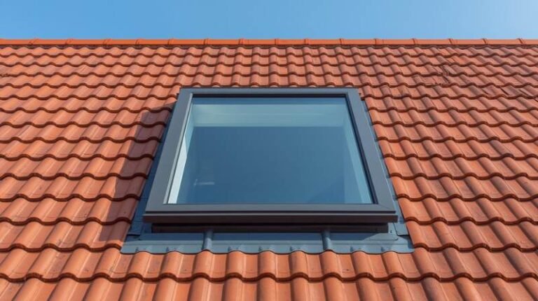 Sleek roof window on a red-tiled roof, allowing natural light to enter, captured in bright sunlight in Brooklyn.