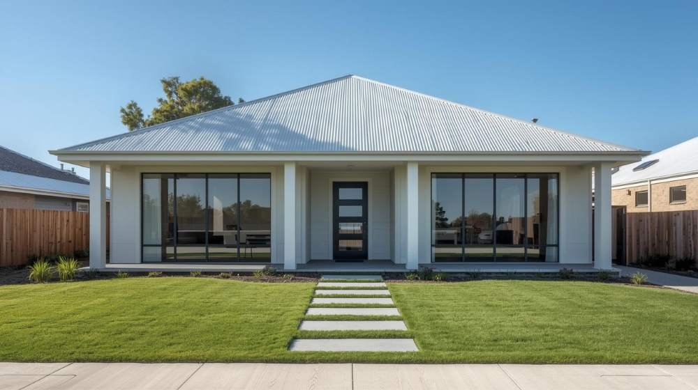 A sleek and minimalist gable roof home, highlighting the modern take on the traditional design and showcasing some advantages and disadvantages of gable roofs, such as ease of construction and potential vulnerability to wind.