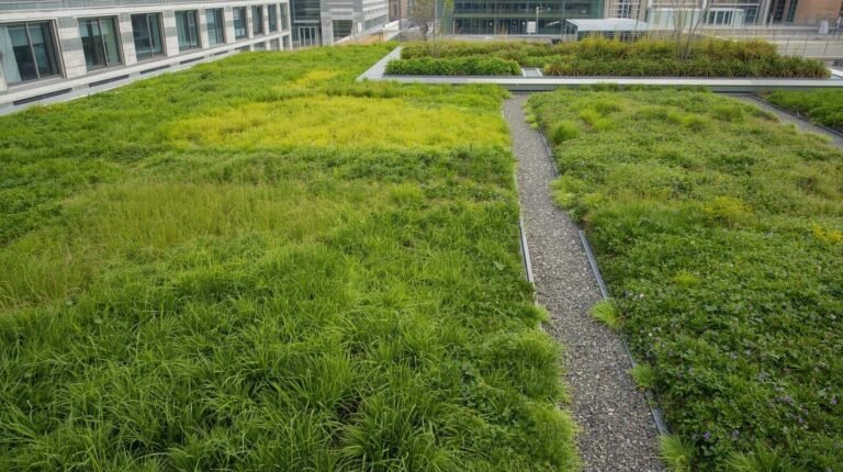 Green rooftop with grass and a gravel path, illustrating an extensive green roof, highlighting the differences in design and maintenance in the context of Intensive vs Extensive Green Roof.