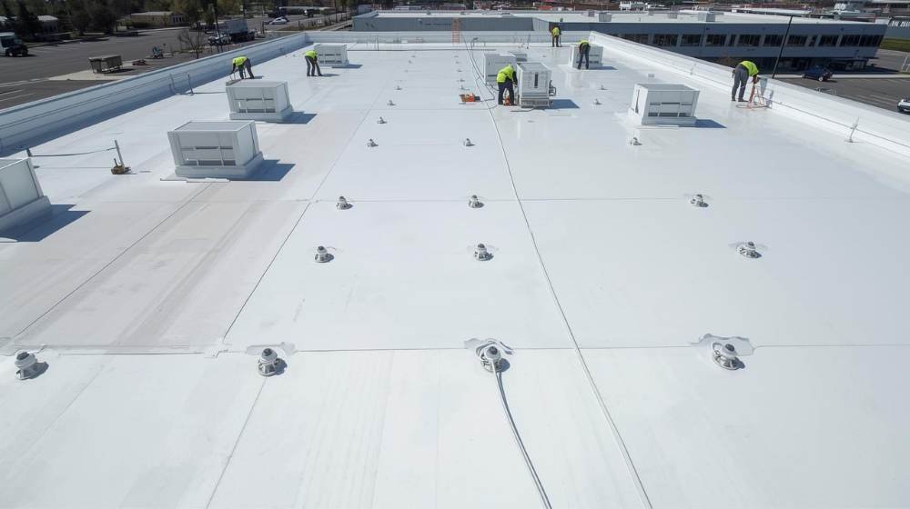 A clean, reflective TPO roofing system on a commercial building in Brooklyn. TPO is known for its energy-efficient properties, reducing cooling costs with its white, reflective membrane.