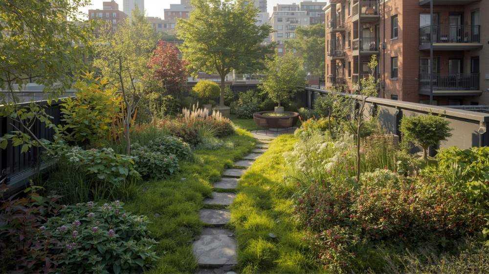 Tranquil Rooftop Garden Path in Brooklyn