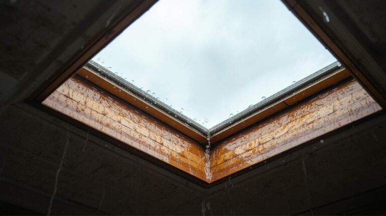 Skylight in Brooklyn, NYC with water stains and leaks around the frame – Common Skylight Problems from worn-out flashing.