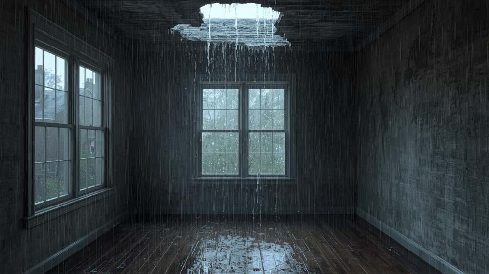 Water dripping inside a home due to a roof leak, causing visible damage on the ceiling in Brooklyn, NYC