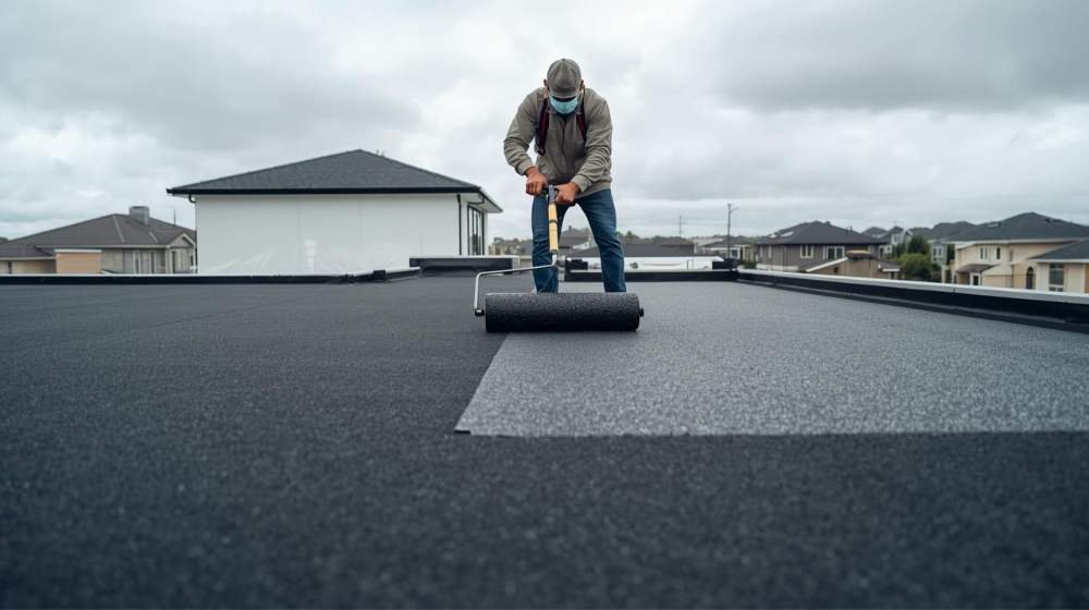 Roof installation in progress with EPDM Rubber Roofing being applied by a worker on a building in Brooklyn for a smooth and weatherproof finish.