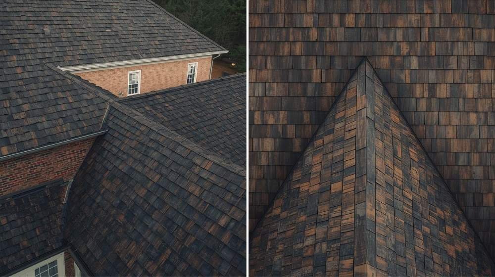 Layered design of a wood shake roof from above, showcasing the unique colors and texture differences in Wood Shake vs Wood Shingle roofing.