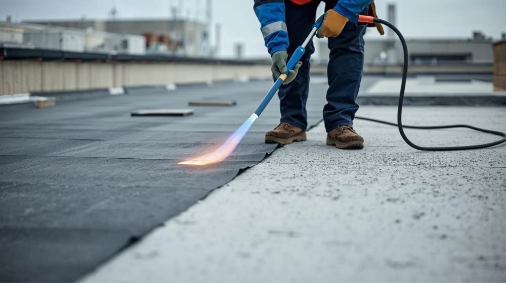 Worker Heating Roofing Material on Commercial Roof