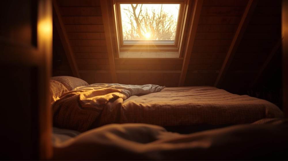 Cozy bedroom with a Roof Skylight bringing soft natural light, adding a peaceful ambiance for relaxation and tranquility.