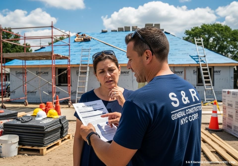 S&R General Construction NYC Corp contractor explaining roofing estimates to a homeowner at an active construction site.