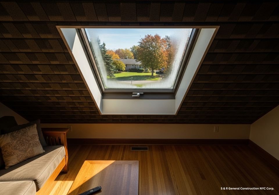 Skylight Illuminating Living Room with a Clear View of the Outdoors