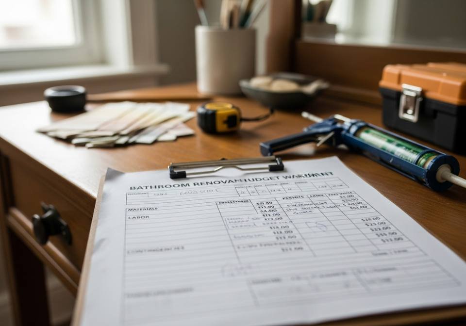 Bathroom renovation budget sheet on wood desk surrounded by paint swatches caulking gun screwdriver and tools during remodel planning session